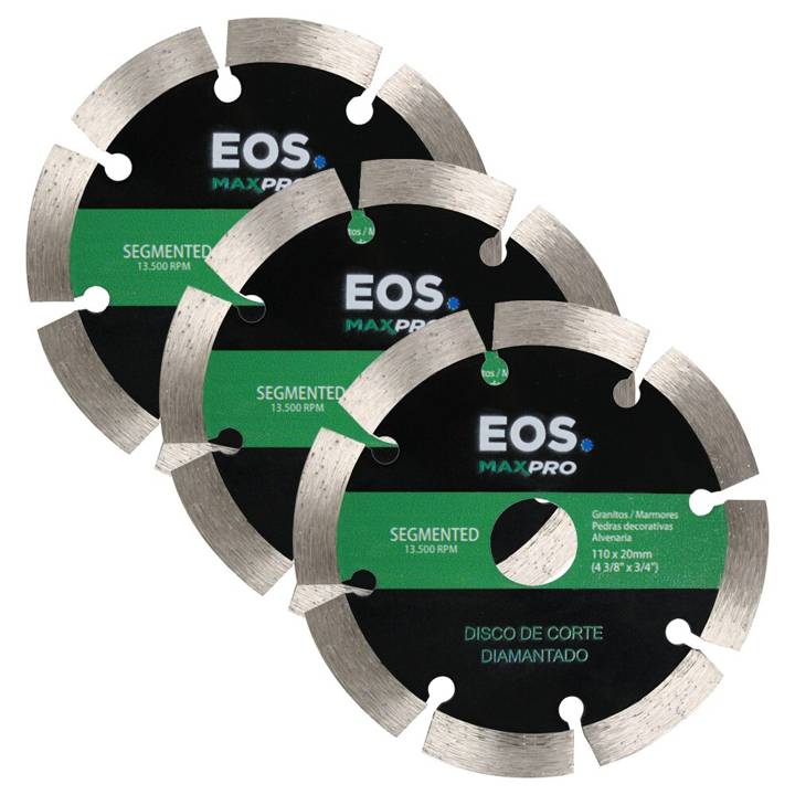 Kit com 03 Discos de Corte Diamantado Segmentado 110mm EOS 110x20x10mm