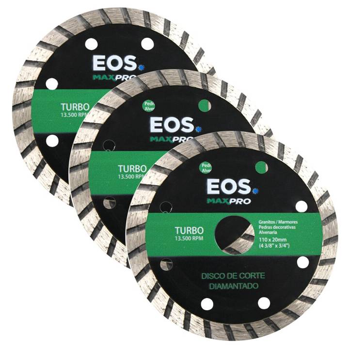 Kit com 03 Discos de Corte Diamantado Turbo 110mm EOS 110x20x10mm