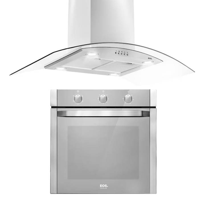 Kit Cozinha EOS Premium Inox Coifa de Ilha 90cm com Vidro Curvo ECO90IV + Forno Elétrico de Embutir 65L EFE65EE 220V