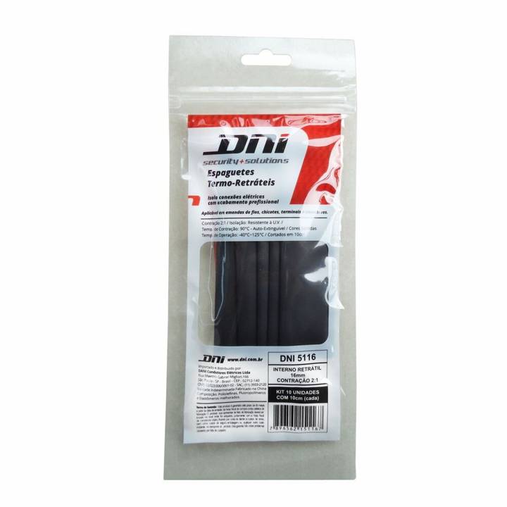 Espaguete Termo Retrátil Dani 16mm com Contração 2:1 Kit com 10 Peças DNI 5116