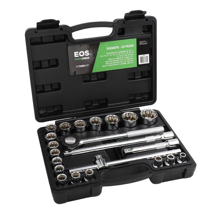 Jogo de Soquetes EOS Titanium em Aço CRV 22 Peças com Maleta EKF02