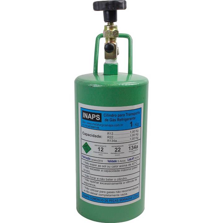 Cilindro para Gás Refrigerante R12, R22, R134A 1Kg Com Manopla E Válvula de Segurança