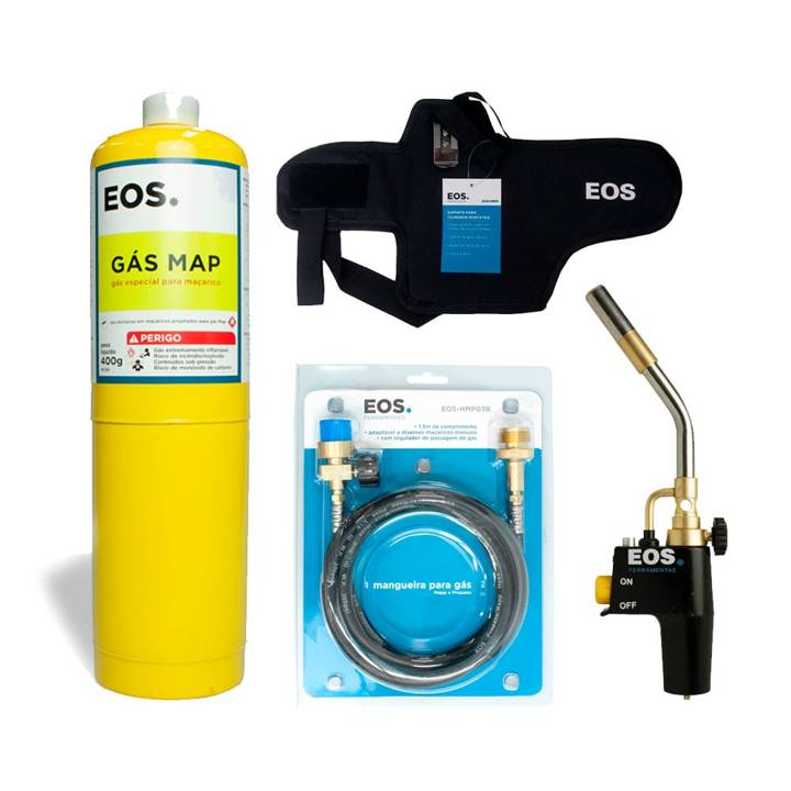 Kit de Solda EOS: Maçarico Profissional Portátil + Cilindro de Gás MAP/Propano + Mangueira 1,5m e Suporte de Cinta