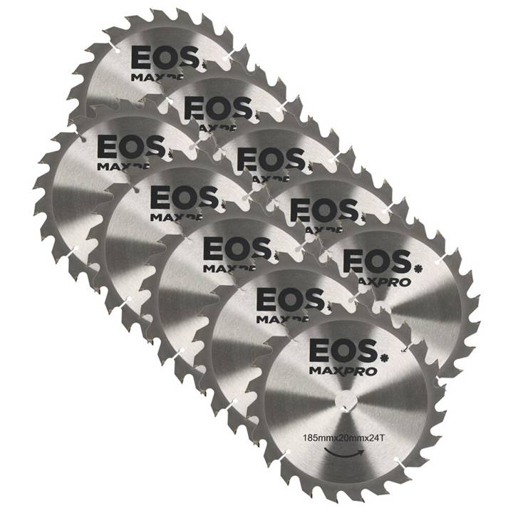 Kit com 10 Discos de Serra Circular de Madeira TCT 185mm EOS 185mmx20mmx24T