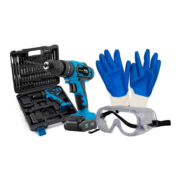 Parafusadeira e Furadeira 12v a Bateria Bivolt EPF01MFPRO + Óculos de Proteção + Luva de Segurança EOS