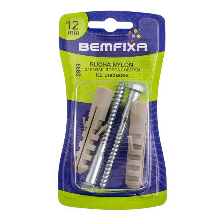 Kit Parafuso Bemfixa Cabeça Sextavada com Bucha Nylon 12mm Cartela 2 Peças 2899