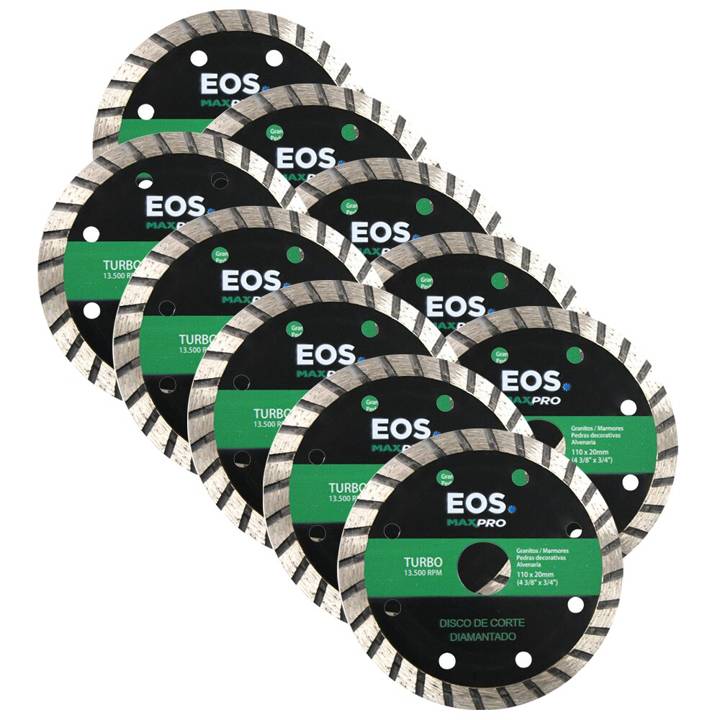Kit com 10 Discos de Corte Diamantado Turbo 110mm EOS 110x20x10mm
