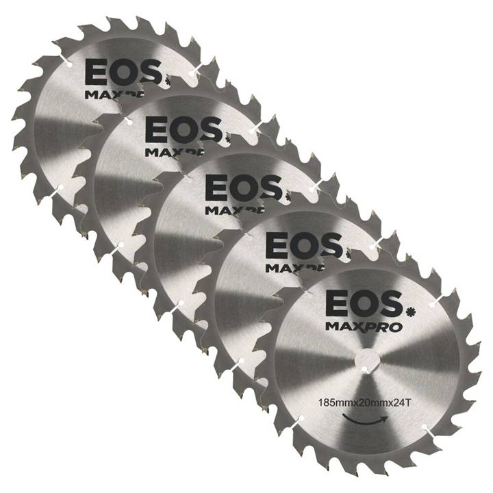 Kit com 05 Discos de Serra Circular de Madeira TCT 185mm EOS 185mmx20mmx24T